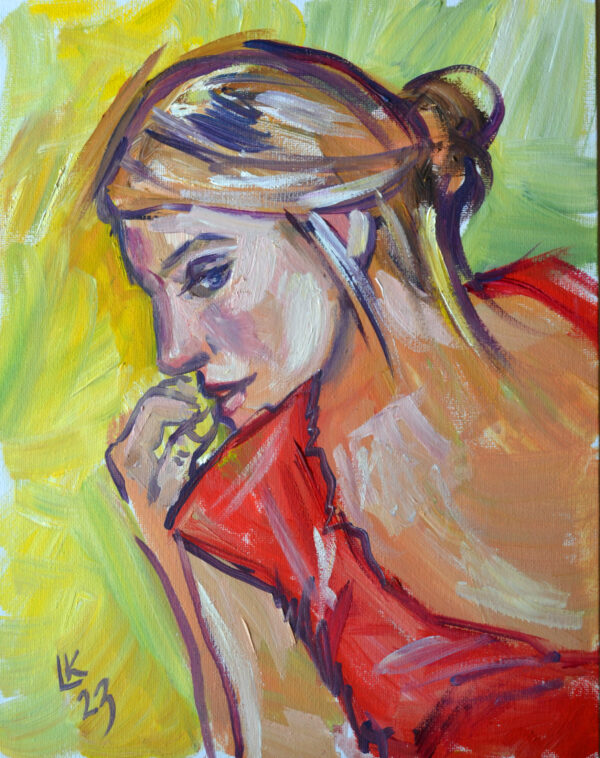 Expressive oil painting by Lada Kholosho: a thoughtful woman in vibrant colors. Bold brushstrokes capture contemplation and emotion. One-of-a-kind artwork.