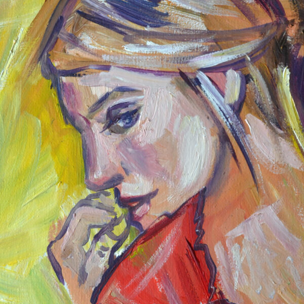 Expressive oil painting by Lada Kholosho: a thoughtful woman in vibrant colors. Bold brushstrokes capture contemplation and emotion. One-of-a-kind artwork.