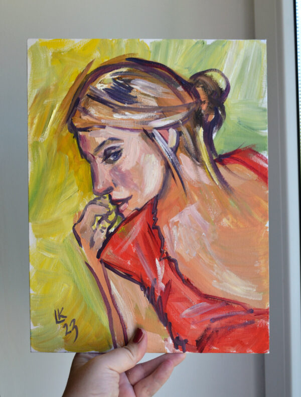 Expressive oil painting by Lada Kholosho: a thoughtful woman in vibrant colors. Bold brushstrokes capture contemplation and emotion. One-of-a-kind artwork.