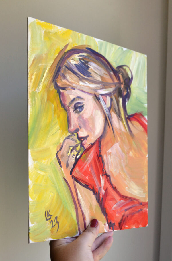 Expressive oil painting by Lada Kholosho: a thoughtful woman in vibrant colors. Bold brushstrokes capture contemplation and emotion. One-of-a-kind artwork.