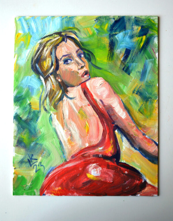Expressive oil painting by Lada Kholosho: a vibrant portrait of a young woman glancing back. Bold brushstrokes, vivid colors. One-of-a-kind artwork.
