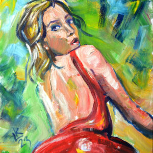 Expressive oil painting by Lada Kholosho: a vibrant portrait of a young woman glancing back. Bold brushstrokes, vivid colors. One-of-a-kind artwork.
