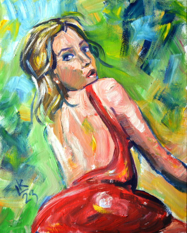 Expressive oil painting by Lada Kholosho: a vibrant portrait of a young woman glancing back. Bold brushstrokes, vivid colors. One-of-a-kind artwork.