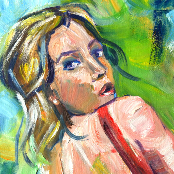 Expressive oil painting by Lada Kholosho: a vibrant portrait of a young woman glancing back. Bold brushstrokes, vivid colors. One-of-a-kind artwork.