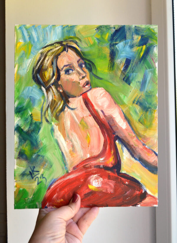 Expressive oil painting by Lada Kholosho: a vibrant portrait of a young woman glancing back. Bold brushstrokes, vivid colors. One-of-a-kind artwork.