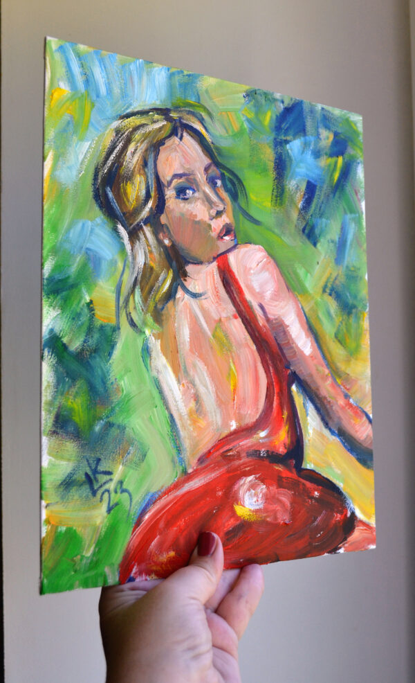 Expressive oil painting by Lada Kholosho: a vibrant portrait of a young woman glancing back. Bold brushstrokes, vivid colors. One-of-a-kind artwork.