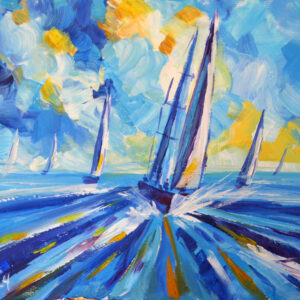 Original acrylic painting on stretched canvas. Seascape with sailboat. Hand painted and signed by artist Lada Kholosho