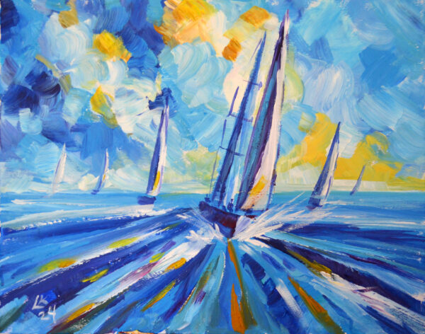 Original acrylic painting on stretched canvas. Seascape with sailboat. Hand painted and signed by artist Lada Kholosho