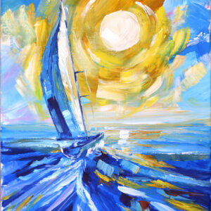 Original acrylic painting on stretched canvas. Seascape with sailboat. Hand painted and signed by artist Lada Kholosho