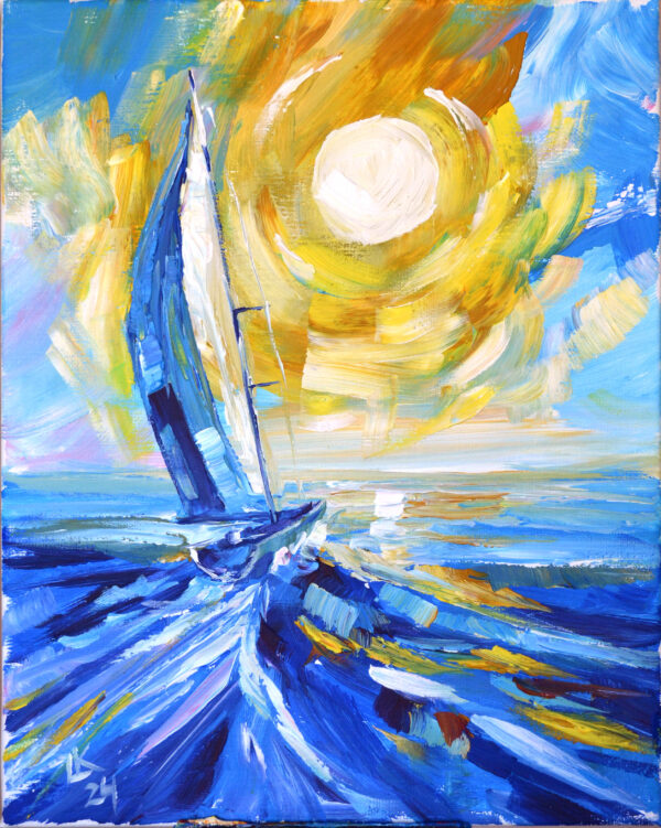 Original acrylic painting on stretched canvas. Seascape with sailboat. Hand painted and signed by artist Lada Kholosho