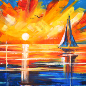 Original acrylic painting on stretched canvas. Seascape with sailboat. Hand painted and signed by artist Lada Kholosho