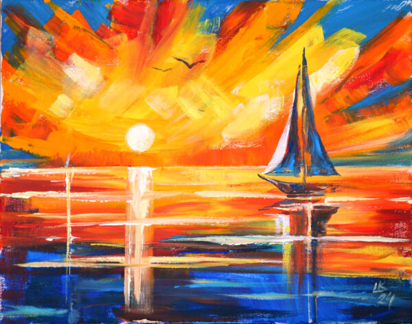 Original acrylic painting on stretched canvas. Seascape with sailboat. Hand painted and signed by artist Lada Kholosho