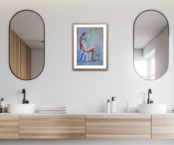 Discover "Reflective Moment" by Lada Kholosho – an original acrylic painting on paper. Serene and elegant figure art with soft, pastel hues. One-of-a-kind piece available now.