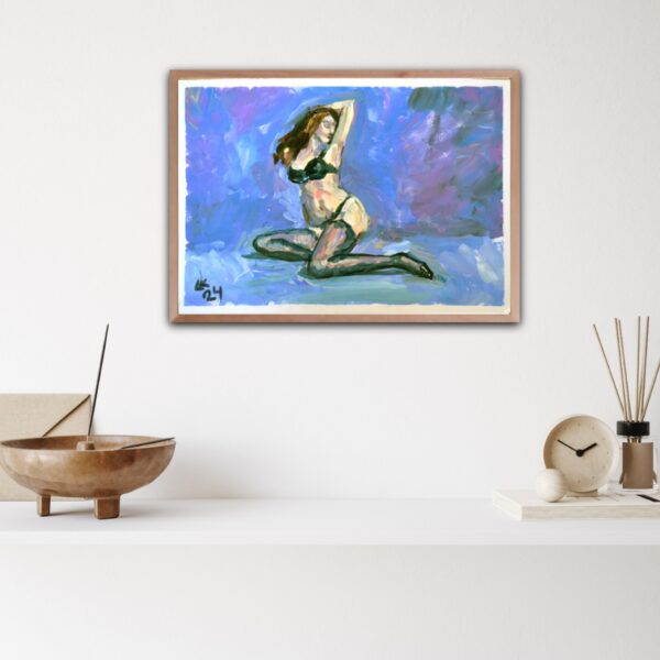 Discover "Serenity in Lingerie" by Lada Kholosho – an expressive acrylic painting capturing the elegance of the human form. One-of-a-kind artwork, available now