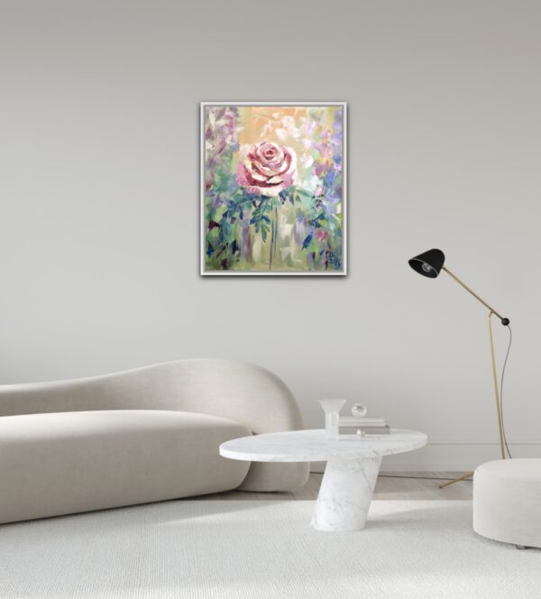 Dreamy rose painting by Lada Kholosho. One-of-a-kind acrylic on canvas, 50x60 cm, unframed, signed, with certificate. Ships worldwide.