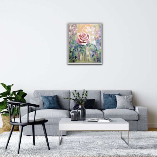 Dreamy rose painting by Lada Kholosho. One-of-a-kind acrylic on canvas, 50x60 cm, unframed, signed, with certificate. Ships worldwide.