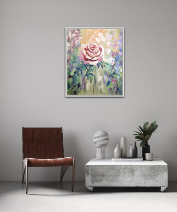 Dreamy rose painting by Lada Kholosho. One-of-a-kind acrylic on canvas, 50x60 cm, unframed, signed, with certificate. Ships worldwide.