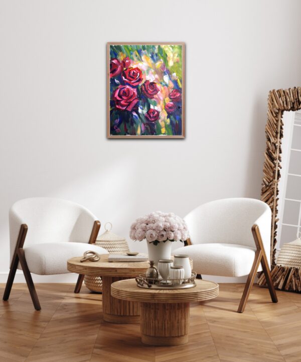 Vibrant rose painting by Lada Kholosho. One-of-a-kind acrylic on canvas, 40x50 cm, unframed, signed, with certificate. Ships worldwide.