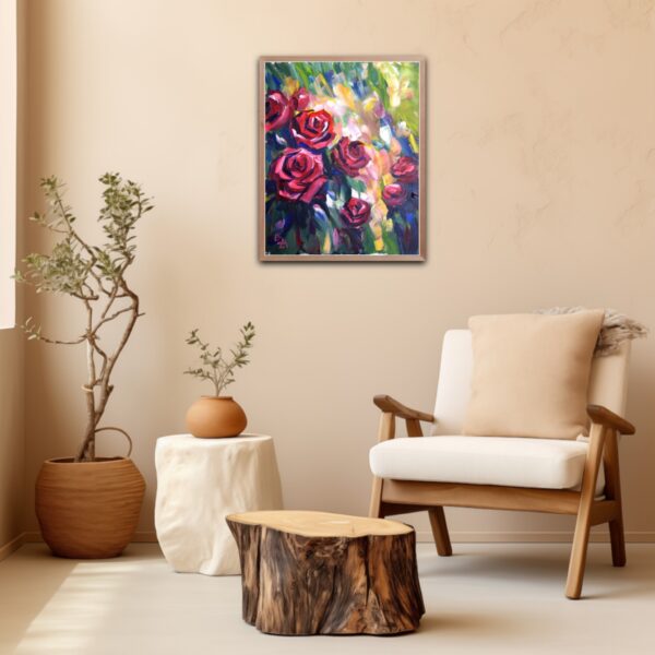 Vibrant rose painting by Lada Kholosho. One-of-a-kind acrylic on canvas, 40x50 cm, unframed, signed, with certificate. Ships worldwide.