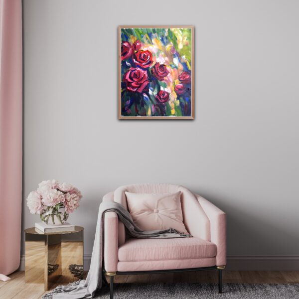 Vibrant rose painting by Lada Kholosho. One-of-a-kind acrylic on canvas, 40x50 cm, unframed, signed, with certificate. Ships worldwide.