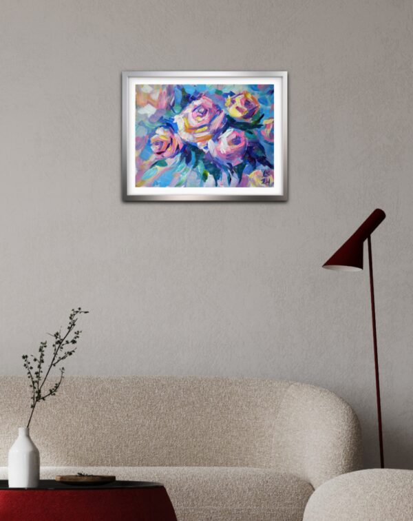 Discover "Roses in Bloom" by Lada Kholosho – a vibrant, expressive acrylic painting capturing the beauty of blooming roses. Bold colors and dynamic brushstrokes radiate joy and life.