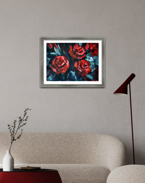 Discover "Dark Roses" by Lada Kholosho – a vibrant, expressive acrylic painting capturing the beauty of blooming roses. Bold colors and dynamic brushstrokes radiate joy and life.