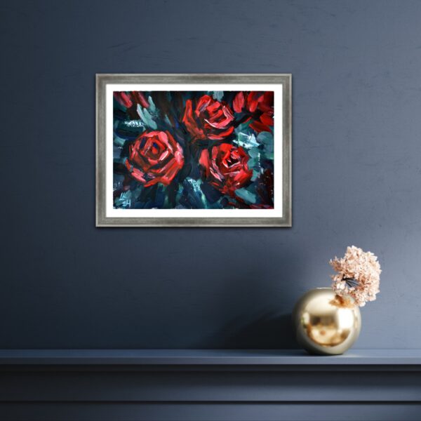 Discover "Dark Roses" by Lada Kholosho – a vibrant, expressive acrylic painting capturing the beauty of blooming roses. Bold colors and dynamic brushstrokes radiate joy and life.