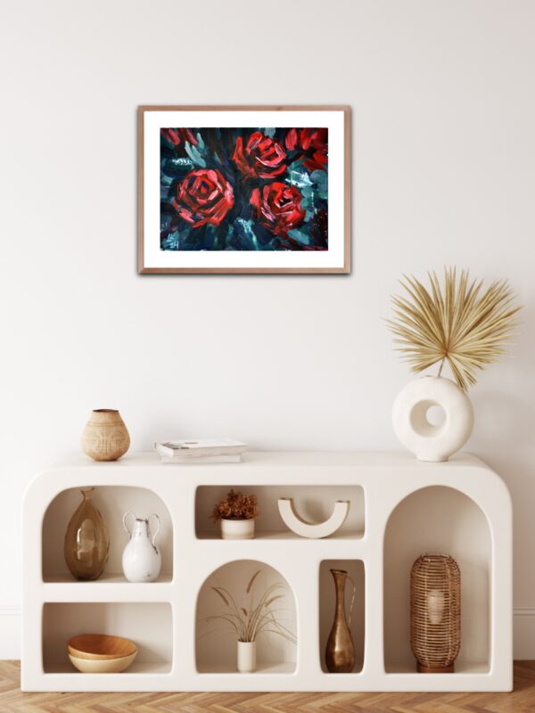 Discover "Dark Roses" by Lada Kholosho – a vibrant, expressive acrylic painting capturing the beauty of blooming roses. Bold colors and dynamic brushstrokes radiate joy and life.