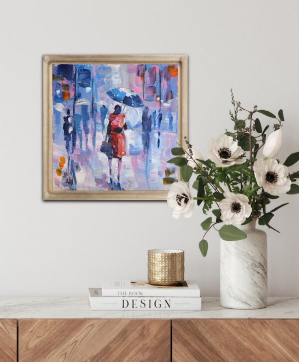 Rainy Day in Red – Original Acrylic City Scene by Lada Kholosho (2024)