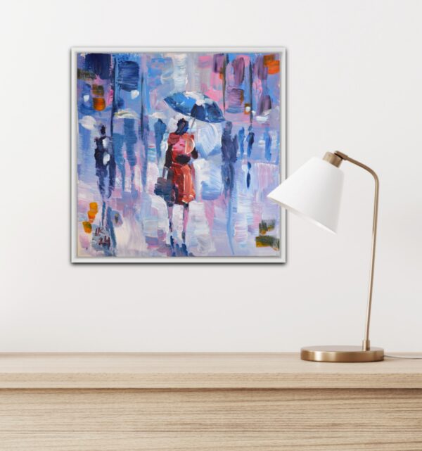 Rainy Day in Red – Original Acrylic City Scene by Lada Kholosho (2024)