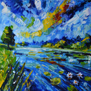 "Lily Pond Symphony" by Lada Kholosho. A vibrant acrylic painting featuring a serene river landscape with bold brushstrokes and vivid colors. One-of-a-kind artwork, signed by the artist.
