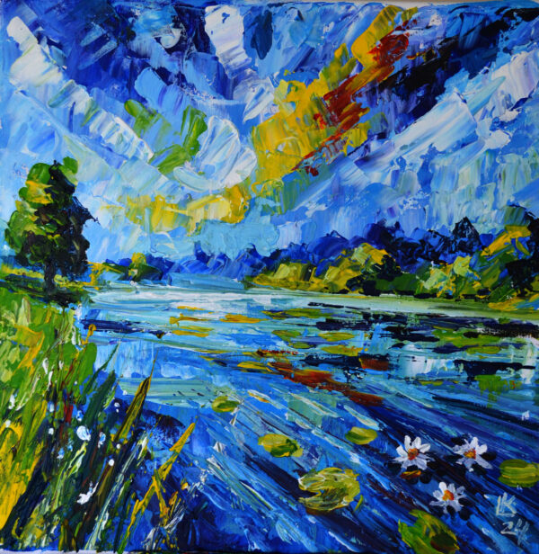 "Lily Pond Symphony" by Lada Kholosho. A vibrant acrylic painting featuring a serene river landscape with bold brushstrokes and vivid colors. One-of-a-kind artwork, signed by the artist.