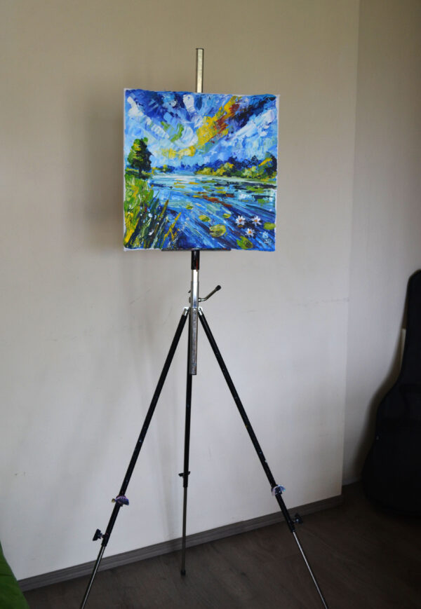 "Lily Pond Symphony" by Lada Kholosho. A vibrant acrylic painting featuring a serene river landscape with bold brushstrokes and vivid colors. One-of-a-kind artwork, signed by the artist.