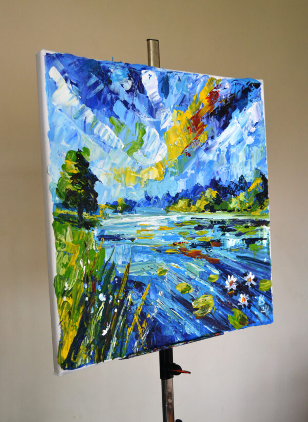 "Lily Pond Symphony" by Lada Kholosho. A vibrant acrylic painting featuring a serene river landscape with bold brushstrokes and vivid colors. One-of-a-kind artwork, signed by the artist.