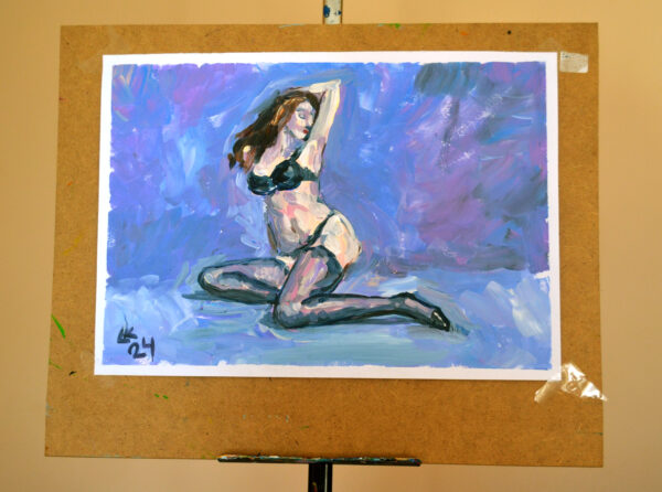 Discover "Serenity in Lingerie" by Lada Kholosho – an expressive acrylic painting capturing the elegance of the human form. One-of-a-kind artwork, available now
