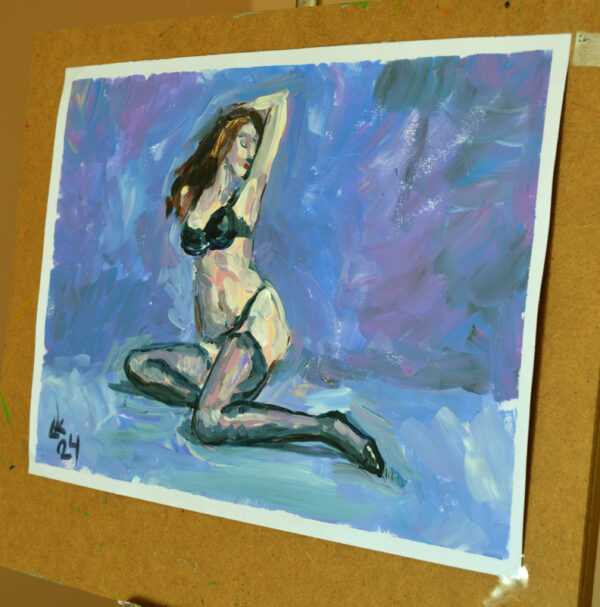 Discover "Serenity in Lingerie" by Lada Kholosho – an expressive acrylic painting capturing the elegance of the human form. One-of-a-kind artwork, available now