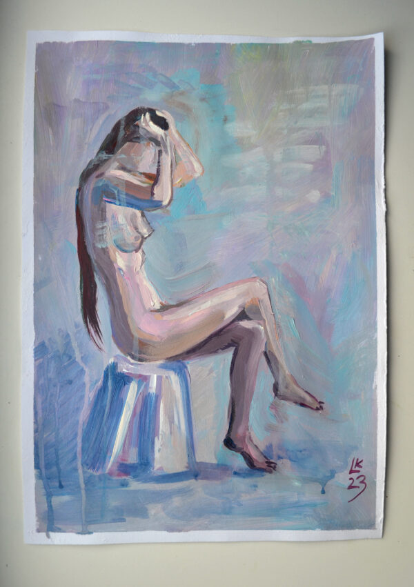 Discover "Reflective Moment" by Lada Kholosho – an original acrylic painting on paper. Serene and elegant figure art with soft, pastel hues. One-of-a-kind piece available now.