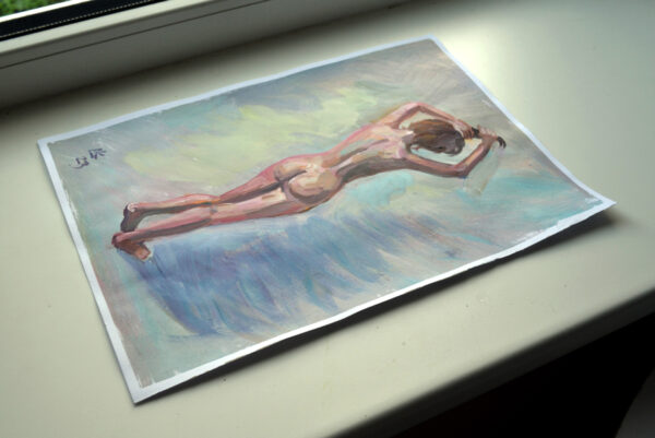 "Morning Light" by Lada Kholosho – an original acrylic painting on paper. Serene and elegant figure art with soft, pastel hues. One-of-a-kind piece available now.