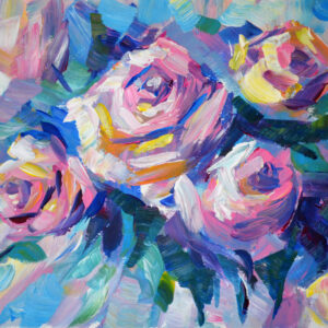 Discover "Roses in Bloom" by Lada Kholosho – a vibrant, expressive acrylic painting capturing the beauty of blooming roses. Bold colors and dynamic brushstrokes radiate joy and life.