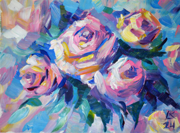 Discover "Roses in Bloom" by Lada Kholosho – a vibrant, expressive acrylic painting capturing the beauty of blooming roses. Bold colors and dynamic brushstrokes radiate joy and life.