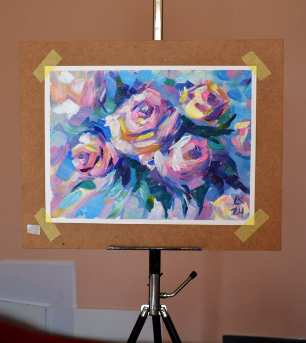 Discover "Roses in Bloom" by Lada Kholosho – a vibrant, expressive acrylic painting capturing the beauty of blooming roses. Bold colors and dynamic brushstrokes radiate joy and life.