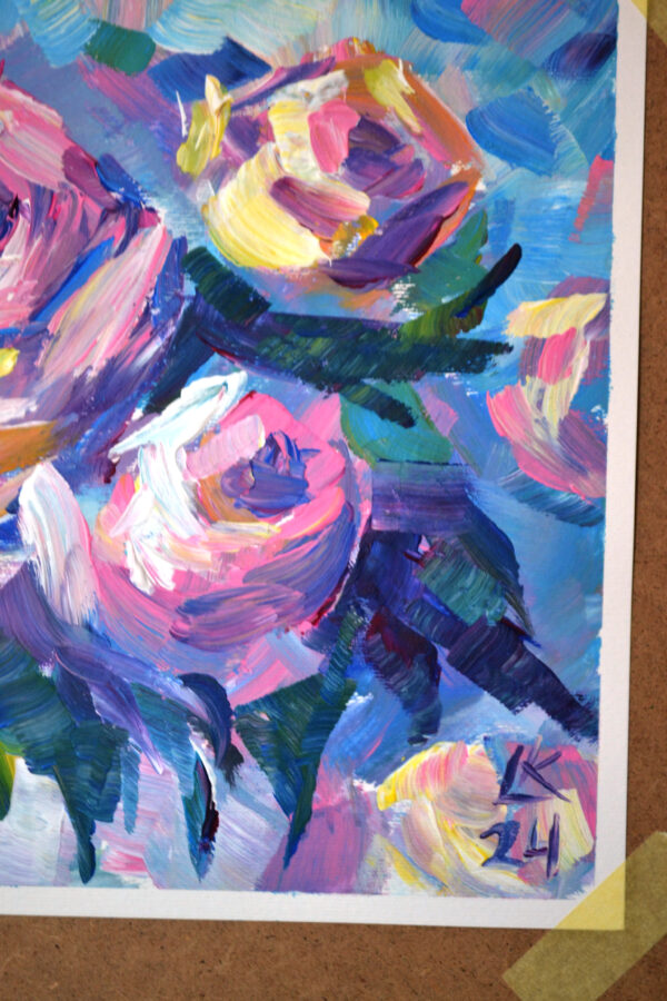 Discover "Roses in Bloom" by Lada Kholosho – a vibrant, expressive acrylic painting capturing the beauty of blooming roses. Bold colors and dynamic brushstrokes radiate joy and life.