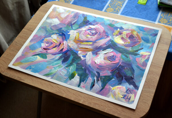 Discover "Roses in Bloom" by Lada Kholosho – a vibrant, expressive acrylic painting capturing the beauty of blooming roses. Bold colors and dynamic brushstrokes radiate joy and life.