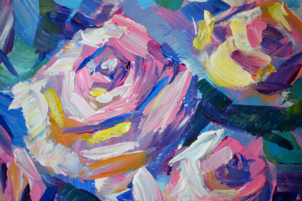 Discover "Roses in Bloom" by Lada Kholosho – a vibrant, expressive acrylic painting capturing the beauty of blooming roses. Bold colors and dynamic brushstrokes radiate joy and life.