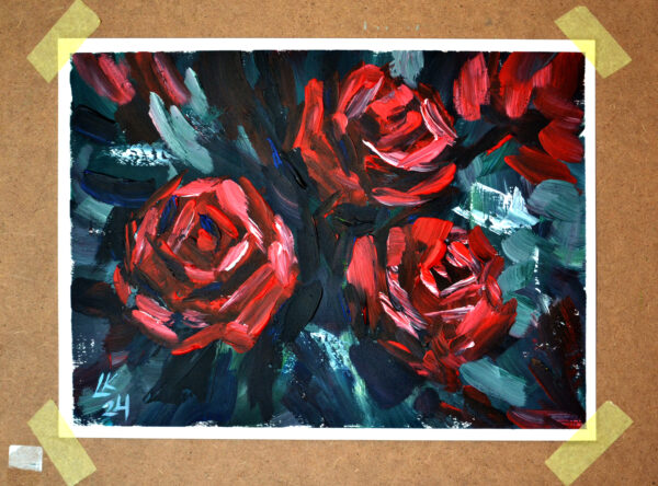 Discover "Dark Roses" by Lada Kholosho – a vibrant, expressive acrylic painting capturing the beauty of blooming roses. Bold colors and dynamic brushstrokes radiate joy and life.