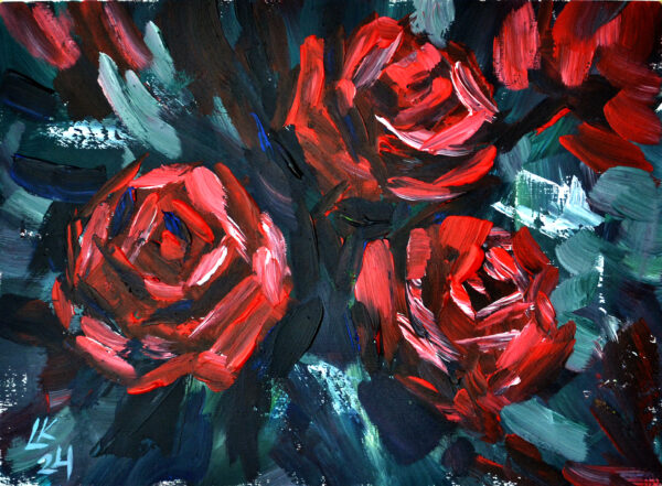 Discover "Dark Roses" by Lada Kholosho – a vibrant, expressive acrylic painting capturing the beauty of blooming roses. Bold colors and dynamic brushstrokes radiate joy and life.