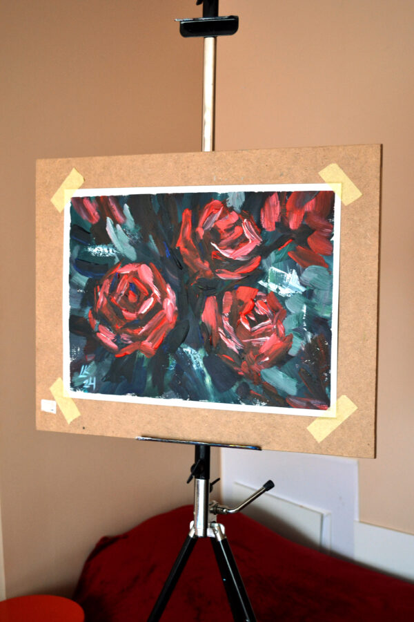 Discover "Dark Roses" by Lada Kholosho – a vibrant, expressive acrylic painting capturing the beauty of blooming roses. Bold colors and dynamic brushstrokes radiate joy and life.
