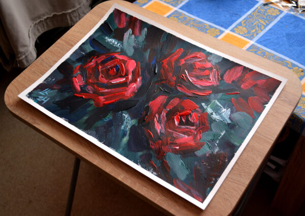 Discover "Dark Roses" by Lada Kholosho – a vibrant, expressive acrylic painting capturing the beauty of blooming roses. Bold colors and dynamic brushstrokes radiate joy and life.