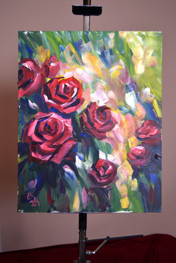 Vibrant rose painting by Lada Kholosho. One-of-a-kind acrylic on canvas, 40x50 cm, unframed, signed, with certificate. Ships worldwide.