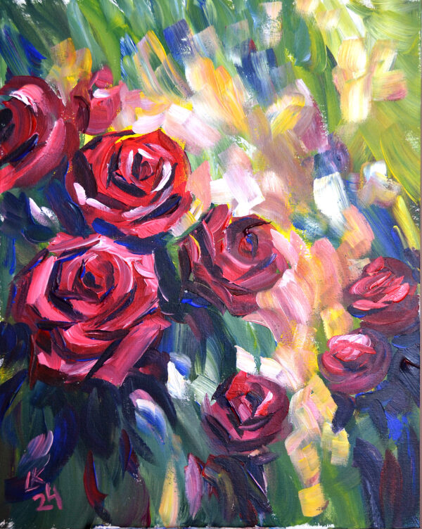 Vibrant rose painting by Lada Kholosho. One-of-a-kind acrylic on canvas, 40x50 cm, unframed, signed, with certificate. Ships worldwide.
